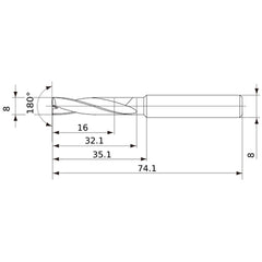 MFE0800X02S080 DP1020 8 mm Dia. × 8 mm Shank × 32 mm Flute Length × 74 mm OAL, 180°, 2 Flute, External Coolant, Solid Carbide Drill