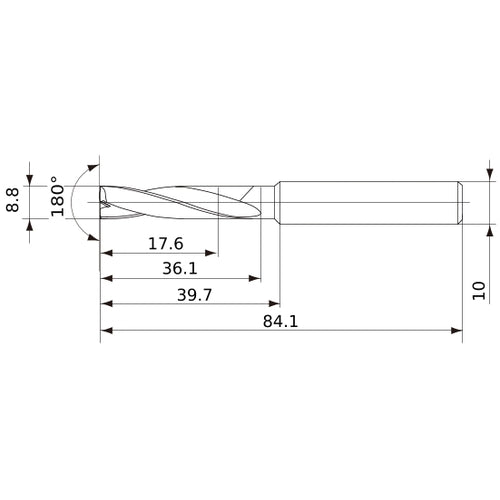 MFE0880X02S100 DP1020 8.8 mm Dia. × 10 mm Shank × 36 mm Flute Length × 84 mm OAL, 180°, 2 Flute, External Coolant, Solid Carbide Drill