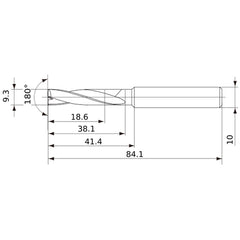 MFE0930X02S100 DP1020 9.3 mm Dia. × 10 mm Shank × 38 mm Flute Length × 84 mm OAL, 180°, 2 Flute, External Coolant, Solid Carbide Drill