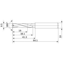 MFE0950X02S100 DP1020 9.5 mm Dia. × 10 mm Shank × 38 mm Flute Length × 84 mm OAL, 180°, 2 Flute, External Coolant, Solid Carbide Drill