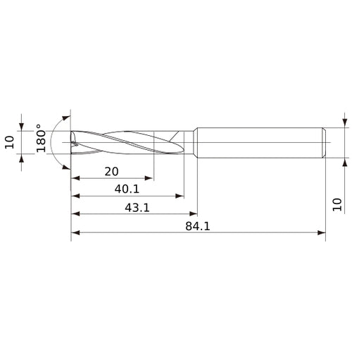 MFE1000X02S100 DP1020 10 mm Dia. × 10 mm Shank × 40 mm Flute Length × 84 mm OAL, 180°, 2 Flute, External Coolant, Solid Carbide Drill