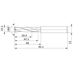 MFE1020X02S120 DP1020 10.2 mm Dia. × 12 mm Shank × 42 mm Flute Length × 95 mm OAL, 180°, 2 Flute, External Coolant, Solid Carbide Drill