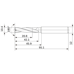 MFE1040X02S120 DP1020 10.4 mm Dia. × 12 mm Shank × 42 mm Flute Length × 95 mm OAL, 180°, 2 Flute, External Coolant, Solid Carbide Drill