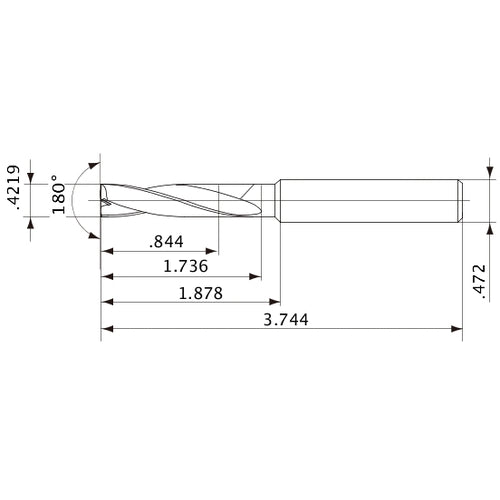 MFE1072X02S120 DP1020 0.4219″ Dia. × 0.472″ Shank × 1.736″ Flute Length × 3.744″ OAL, 180°, 2 Flute, External Coolant, Solid Carbide Drill