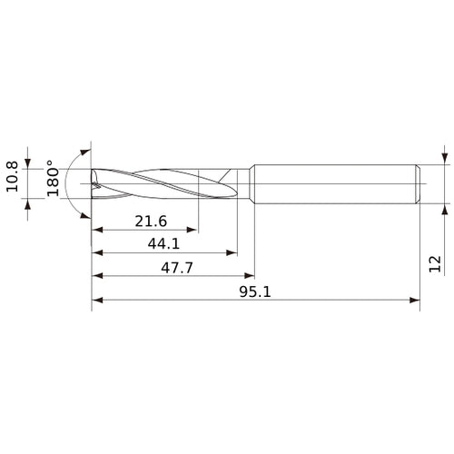 MFE1080X02S120 DP1020 10.8 mm Dia. × 12 mm Shank × 44 mm Flute Length × 95 mm OAL, 180°, 2 Flute, External Coolant, Solid Carbide Drill