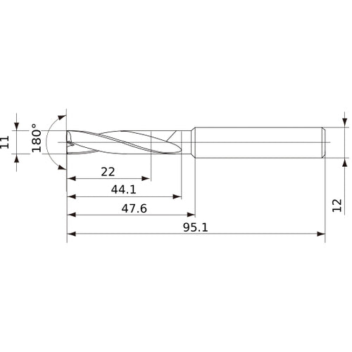 MFE1100X02S120 DP1020 11 mm Dia. × 12 mm Shank × 44 mm Flute Length × 95 mm OAL, 180°, 2 Flute, External Coolant, Solid Carbide Drill