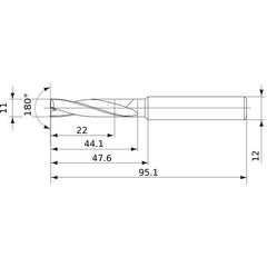 MFE1100X02S120 DP1020 11 mm Dia. × 12 mm Shank × 44 mm Flute Length × 95 mm OAL, 180°, 2 Flute, External Coolant, Solid Carbide Drill