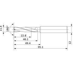 MFE1140X02S120 DP1020 11.4 mm Dia. × 12 mm Shank × 46 mm Flute Length × 95 mm OAL, 180°, 2 Flute, External Coolant, Solid Carbide Drill