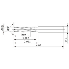 MFE1230X02S140 DP1020 0.4843″ Dia. × 0.551″ Shank × 1.972″ Flute Length × 4.02″ OAL, 180°, 2 Flute, External Coolant, Solid Carbide Drill