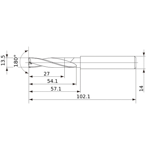MFE1350X02S140 DP1020 13.5 mm Dia. × 14 mm Shank × 54 mm Flute Length × 102 mm OAL, 180°, 2 Flute, External Coolant, Solid Carbide Drill