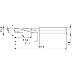 MFE1350X02S140 DP1020 13.5 mm Dia. × 14 mm Shank × 54 mm Flute Length × 102 mm OAL, 180°, 2 Flute, External Coolant, Solid Carbide Drill