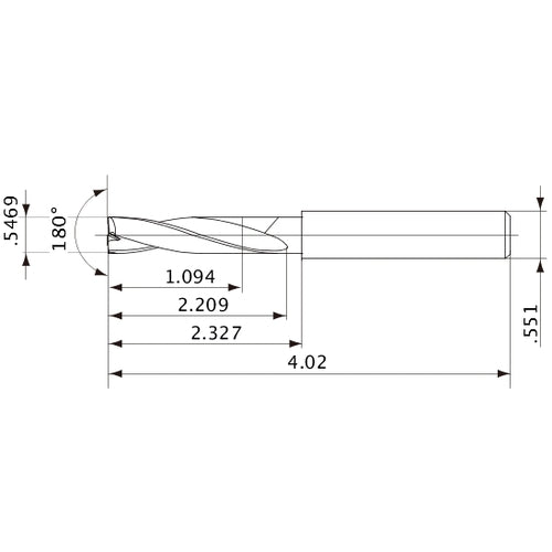 MFE1389X02S140 DP1020 0.5469″ Dia. × 0.551″ Shank × 2.209″ Flute Length × 4.02″ OAL, 180°, 2 Flute, External Coolant, Solid Carbide Drill