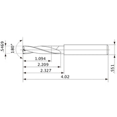 MFE1389X02S140 DP1020 0.5469″ Dia. × 0.551″ Shank × 2.209″ Flute Length × 4.02″ OAL, 180°, 2 Flute, External Coolant, Solid Carbide Drill