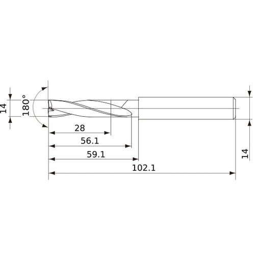 MFE1400X02S140 DP1020 14 mm Dia. × 14 mm Shank × 56 mm Flute Length × 102 mm OAL, 180°, 2 Flute, External Coolant, Solid Carbide Drill