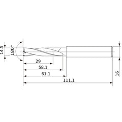 MFE1450X02S160 DP1020 14.5 mm Dia. × 16 mm Shank × 58 mm Flute Length × 111 mm OAL, 180°, 2 Flute, External Coolant, Solid Carbide Drill
