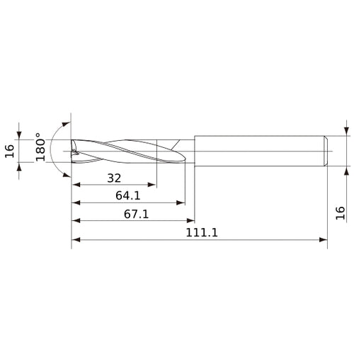 MFE1600X02S160 DP1020 16 mm Dia. × 16 mm Shank × 64 mm Flute Length × 111 mm OAL, 180°, 2 Flute, External Coolant, Solid Carbide Drill