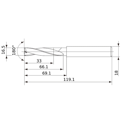 MFE1650X02S180 DP1020 16.5 mm Dia. × 18 mm Shank × 66 mm Flute Length × 119 mm OAL, 180°, 2 Flute, External Coolant, Solid Carbide Drill