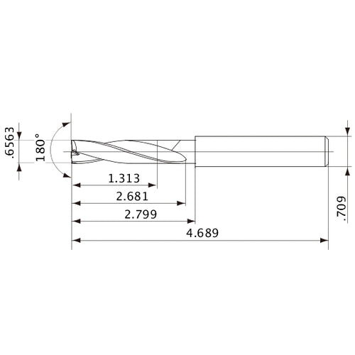 MFE1667X02S180 DP1020 0.6563″ Dia. × 0.709″ Shank × 2.681″ Flute Length × 4.689″ OAL, 180°, 2 Flute, External Coolant, Solid Carbide Drill