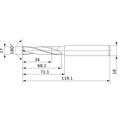 MFE1700X02S180 DP1020 17 mm Dia. × 18 mm Shank × 68 mm Flute Length × 119 mm OAL, 180°, 2 Flute, External Coolant, Solid Carbide Drill