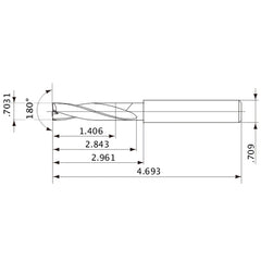 MFE1786X02S180 DP1020 0.7031″ Dia. × 0.709″ Shank × 2.843″ Flute Length × 4.693″ OAL, 180°, 2 Flute, External Coolant, Solid Carbide Drill