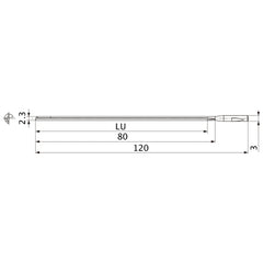 MGS0230L080B HTi10 2.3 mm Dia. × 3 mm Shank × 80 mm Flute Length × 120 mm OAL, 0°, 1 Flute, Coolant Thru, Solid Carbide Drill