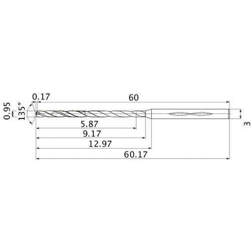 MHS0095L009B VP15TF 0.95 mm Dia. × 3 mm Shank × 9.17 mm Flute Length × 60.17 mm OAL, 135°, 2 Flute, Coolant Thru, Solid Carbide Drill