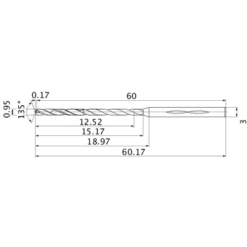 MHS0095L015B VP15TF 0.95 mm Dia. × 3 mm Shank × 15.17 mm Flute Length × 60.17 mm OAL, 135°, 2 Flute, Coolant Thru, Solid Carbide Drill