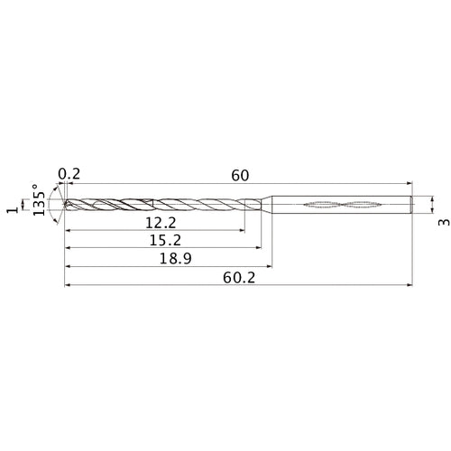 MHS0100L015B VP15TF 1 mm Dia. × 3 mm Shank × 15.2 mm Flute Length × 60.2 mm OAL, 135°, 2 Flute, Coolant Thru, Solid Carbide Drill