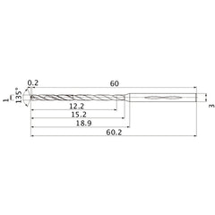 MHS0100L015B VP15TF 1 mm Dia. × 3 mm Shank × 15.2 mm Flute Length × 60.2 mm OAL, 135°, 2 Flute, Coolant Thru, Solid Carbide Drill