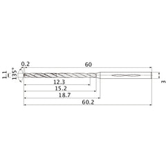 MHS0110L015B VP15TF 1.1 mm Dia. × 3 mm Shank × 15.2 mm Flute Length × 60.2 mm OAL, 135°, 2 Flute, Coolant Thru, Solid Carbide Drill