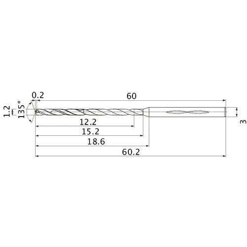 MHS0120L015B VP15TF 1.2 mm Dia. × 3 mm Shank × 15.2 mm Flute Length × 60.2 mm OAL, 135°, 2 Flute, Coolant Thru, Solid Carbide Drill