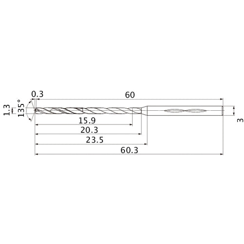 MHS0130L020B VP15TF 1.3 mm Dia. × 3 mm Shank × 20.3 mm Flute Length × 60.3 mm OAL, 135°, 2 Flute, Coolant Thru, Solid Carbide Drill