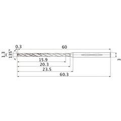 MHS0130L020B VP15TF 1.3 mm Dia. × 3 mm Shank × 20.3 mm Flute Length × 60.3 mm OAL, 135°, 2 Flute, Coolant Thru, Solid Carbide Drill