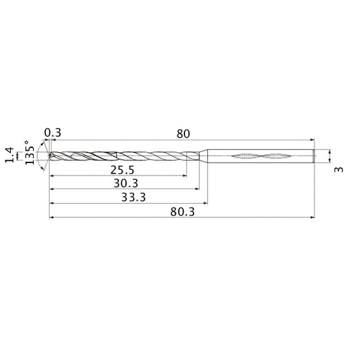 MHS0140L030B VP15TF 1.4 mm Dia. × 3 mm Shank × 30.3 mm Flute Length × 80.3 mm OAL, 135°, 2 Flute, Coolant Thru, Solid Carbide Drill