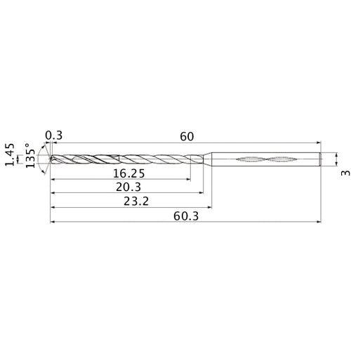 MHS0145L020B VP15TF 1.45 mm Dia. × 3 mm Shank × 20.3 mm Flute Length × 60.3 mm OAL, 135°, 2 Flute, Coolant Thru, Solid Carbide Drill