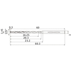 MHS0145L020B VP15TF 1.45 mm Dia. × 3 mm Shank × 20.3 mm Flute Length × 60.3 mm OAL, 135°, 2 Flute, Coolant Thru, Solid Carbide Drill
