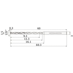 MHS0150L013B VP15TF 1.5 mm Dia. × 3 mm Shank × 13.3 mm Flute Length × 60.3 mm OAL, 135°, 2 Flute, Coolant Thru, Solid Carbide Drill