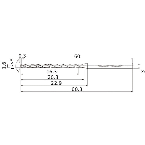 MHS0160L020B VP15TF 1.6 mm Dia. × 3 mm Shank × 20.3 mm Flute Length × 60.3 mm OAL, 135°, 2 Flute, Coolant Thru, Solid Carbide Drill