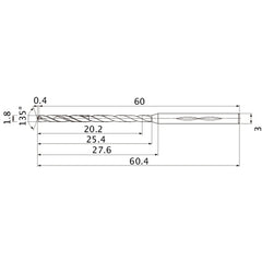 MHS0180L025B VP15TF 1.8 mm Dia. × 3 mm Shank × 25.4 mm Flute Length × 60.4 mm OAL, 135°, 2 Flute, Coolant Thru, Solid Carbide Drill