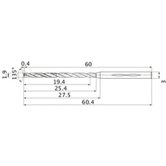 MHS0190L025B VP15TF 1.9 mm Dia. × 3 mm Shank × 25.4 mm Flute Length × 60.4 mm OAL, 135°, 2 Flute, Coolant Thru, Solid Carbide Drill