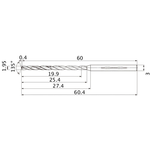 MHS0195L025B VP15TF 1.95 mm Dia. × 3 mm Shank × 25.4 mm Flute Length × 60.4 mm OAL, 135°, 2 Flute, Coolant Thru, Solid Carbide Drill