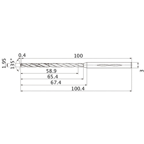 MHS0195L065B VP15TF 1.95 mm Dia. × 3 mm Shank × 65.4 mm Flute Length × 100.4 mm OAL, 135°, 2 Flute, Coolant Thru, Solid Carbide Drill