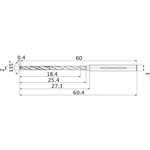 MHS0200L025B VP15TF 2 mm Dia. × 3 mm Shank × 25.4 mm Flute Length × 60.4 mm OAL, 135°, 2 Flute, Coolant Thru, Solid Carbide Drill