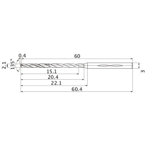MHS0210L020B VP15TF 2.1 mm Dia. × 3 mm Shank × 20.4 mm Flute Length × 60.4 mm OAL, 135°, 2 Flute, Coolant Thru, Solid Carbide Drill