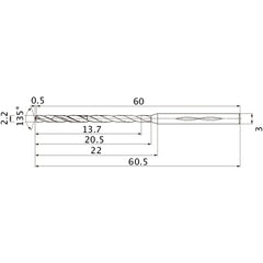 MHS0220L020B VP15TF 2.2 mm Dia. × 3 mm Shank × 20.5 mm Flute Length × 60.5 mm OAL, 135°, 2 Flute, Coolant Thru, Solid Carbide Drill