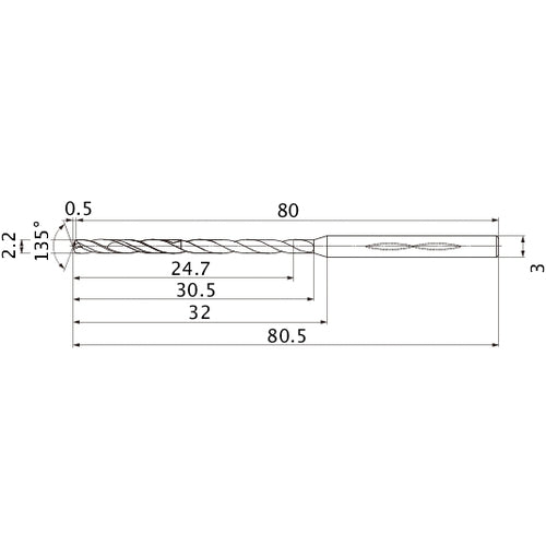 MHS0220L030B VP15TF 2.2 mm Dia. × 3 mm Shank × 30.5 mm Flute Length × 80.5 mm OAL, 135°, 2 Flute, Coolant Thru, Solid Carbide Drill