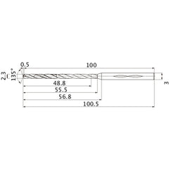 MHS0230L055B VP15TF 2.3 mm Dia. × 3 mm Shank × 55.5 mm Flute Length × 100.5 mm OAL, 135°, 2 Flute, Coolant Thru, Solid Carbide Drill