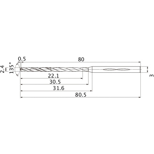 MHS0240L030B VP15TF 2.4 mm Dia. × 3 mm Shank × 30.5 mm Flute Length × 80.5 mm OAL, 135°, 2 Flute, Coolant Thru, Solid Carbide Drill
