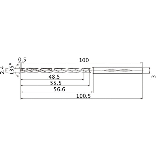 MHS0240L055B VP15TF 2.4 mm Dia. × 3 mm Shank × 55.5 mm Flute Length × 100.5 mm OAL, 135°, 2 Flute, Coolant Thru, Solid Carbide Drill