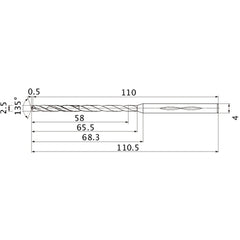 MHS0250L065B VP15TF 2.5 mm Dia. × 4 mm Shank × 65.5 mm Flute Length × 110.5 mm OAL, 135°, 2 Flute, Coolant Thru, Solid Carbide Drill